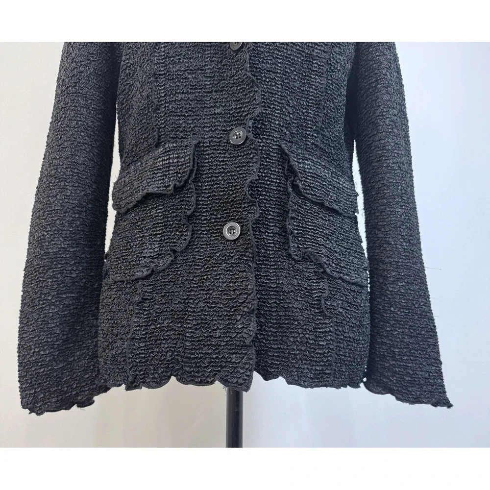Vintage Blazer Jacket Womens‎ L Black Crinkle Texture Lettuce Ruffle Stretchy